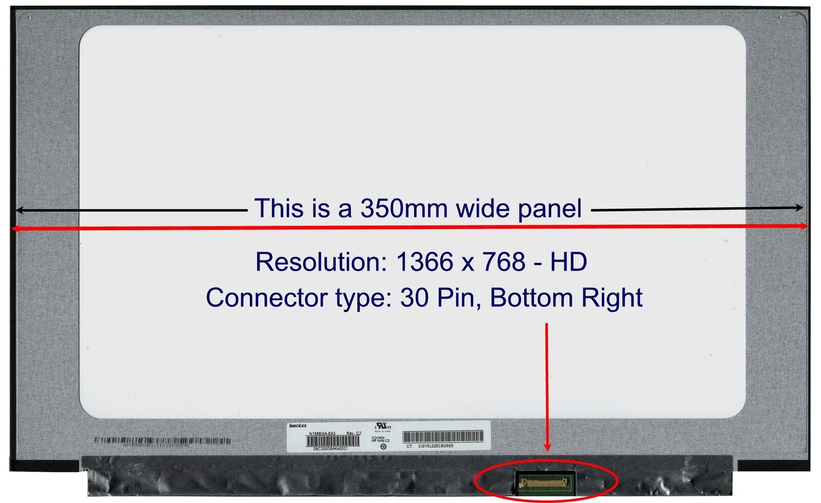 B156XTN08.0 15.6 Slim 30Pins HD No Bracket LED Bottom Right Connector Width: 350mm