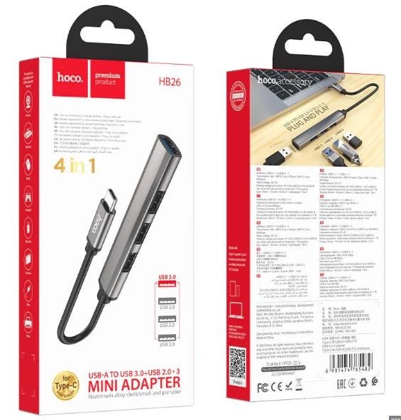 Hoco HB26 Aluminum Alloy 4 in 1 USB to USB3.0 + USB2.0*3 Adaptor Silver